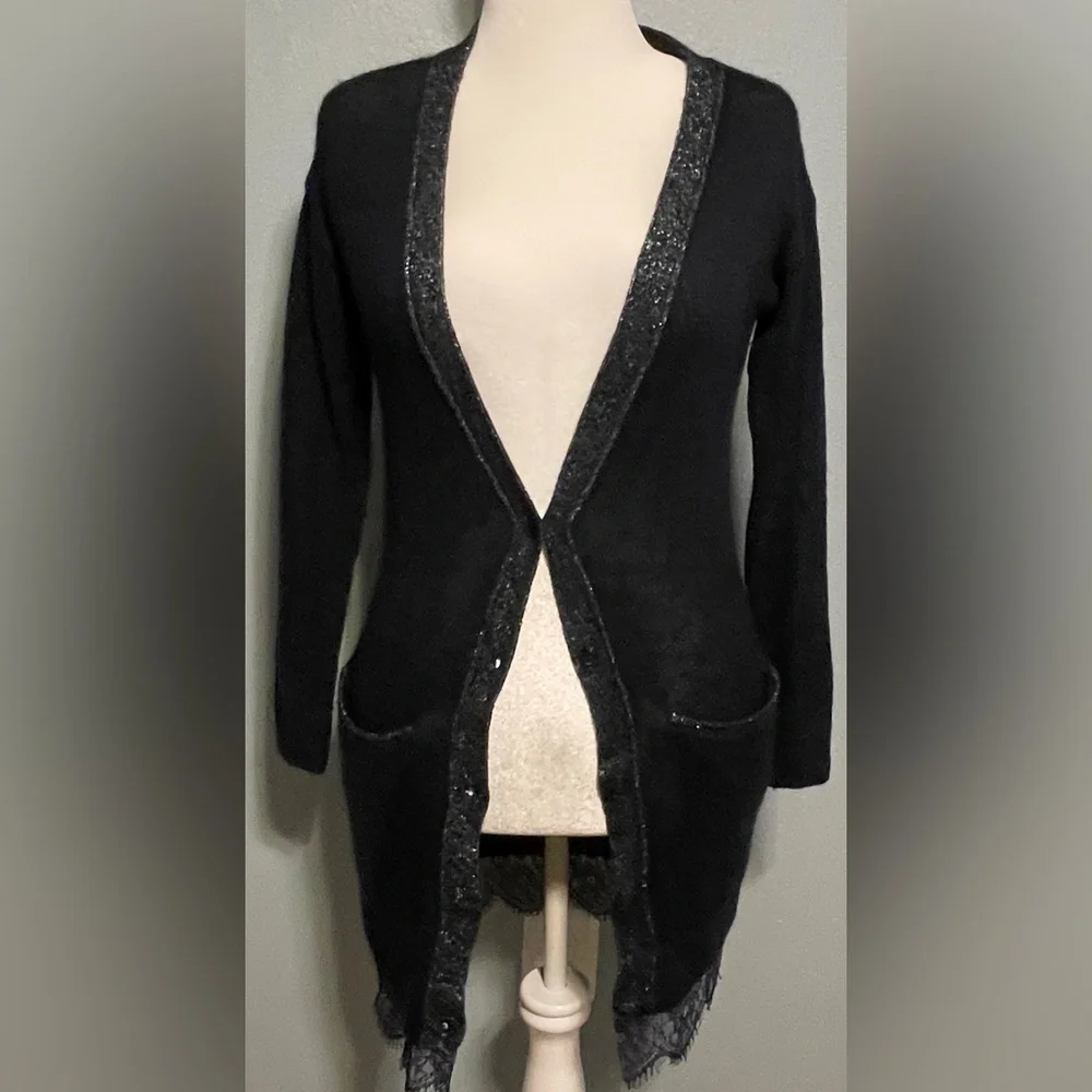 Lauren Conrad Blue Longline Cardigan Sweater Lace Trim Metallic Preppy Office XS - Picture 3 of 12